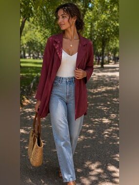 Tahari Open-Front Faux Suede Blazer in Burgundy